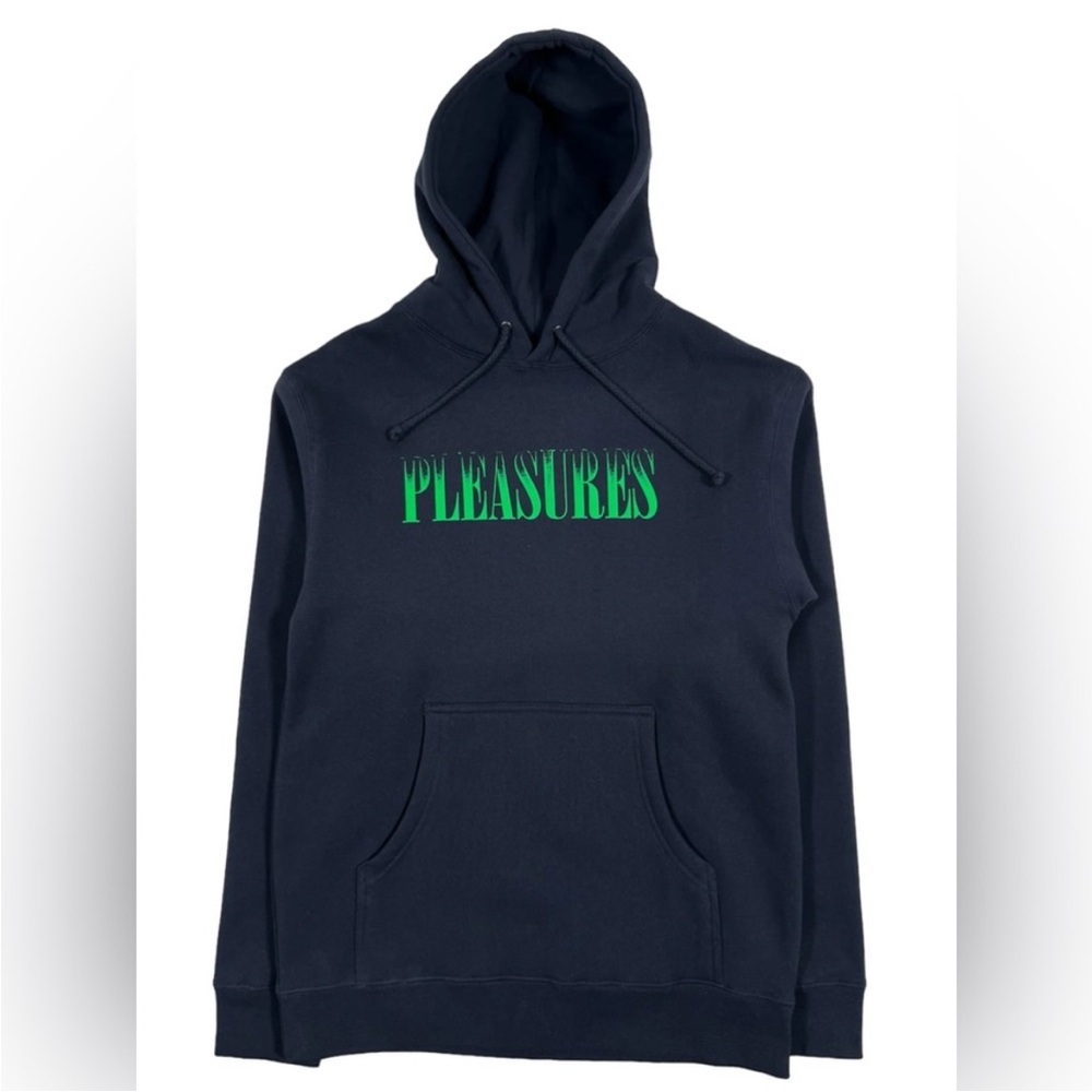 Pleasures Crumble Hoodie Navy with  Pleasures Text.